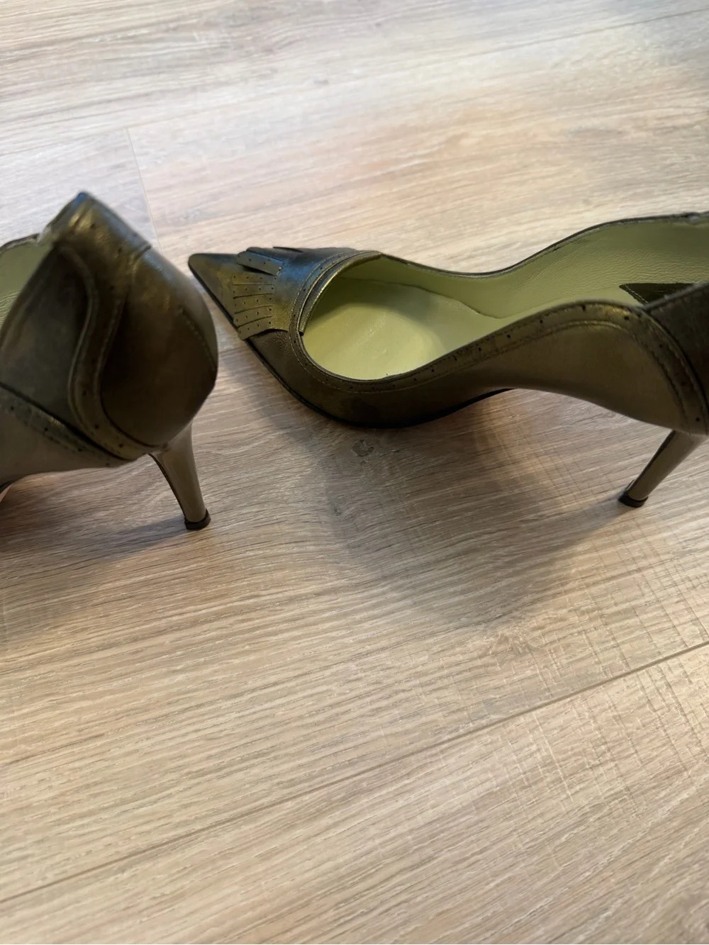 Nicole Miller Olive Green Metallic Pointed-Toe Stiletto Pumps